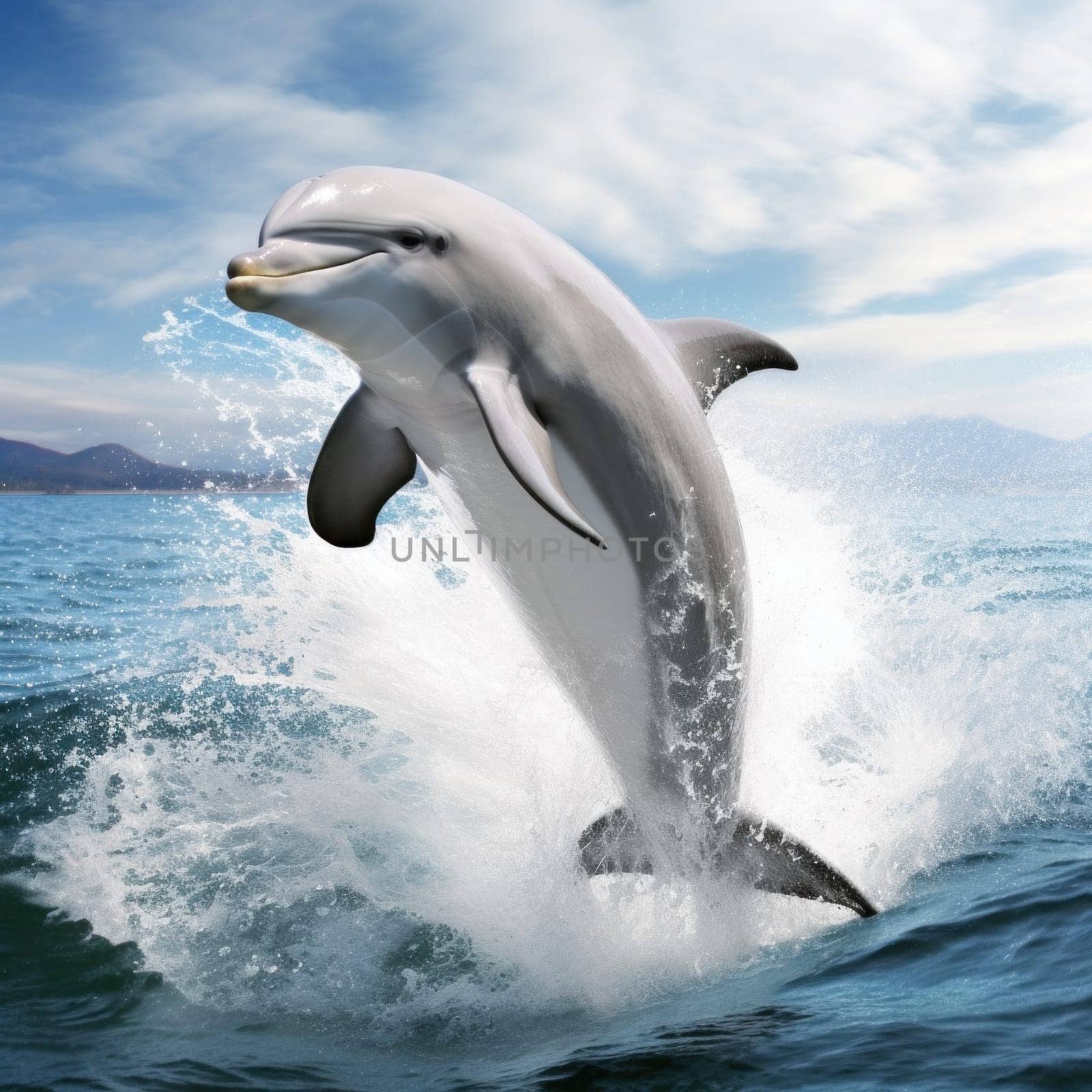 A dolphin jumping out of the water in a body of water, AI by starush