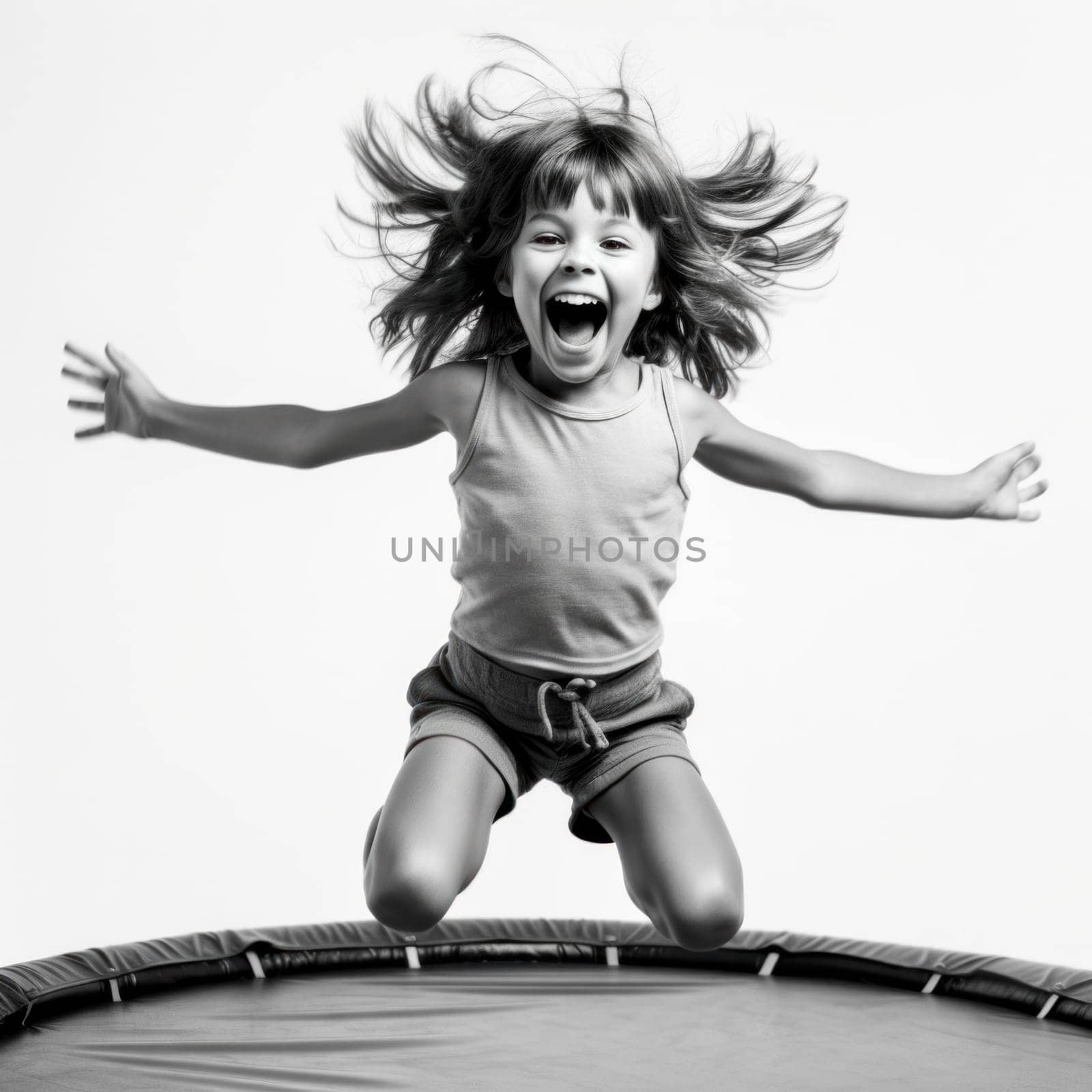 A little girl jumping on a trampoline in the air, AI by starush