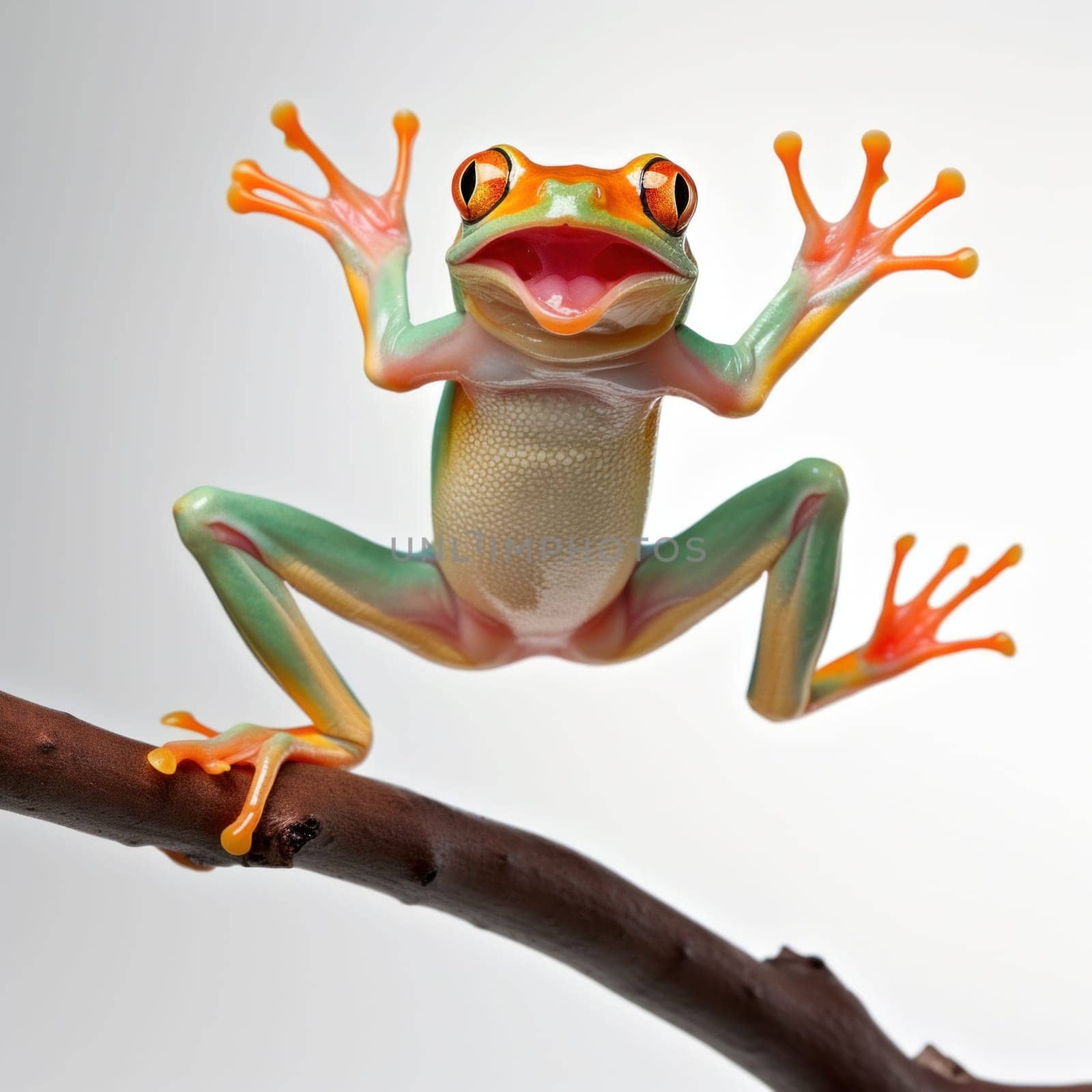 A frog sitting on a branch with its mouth open