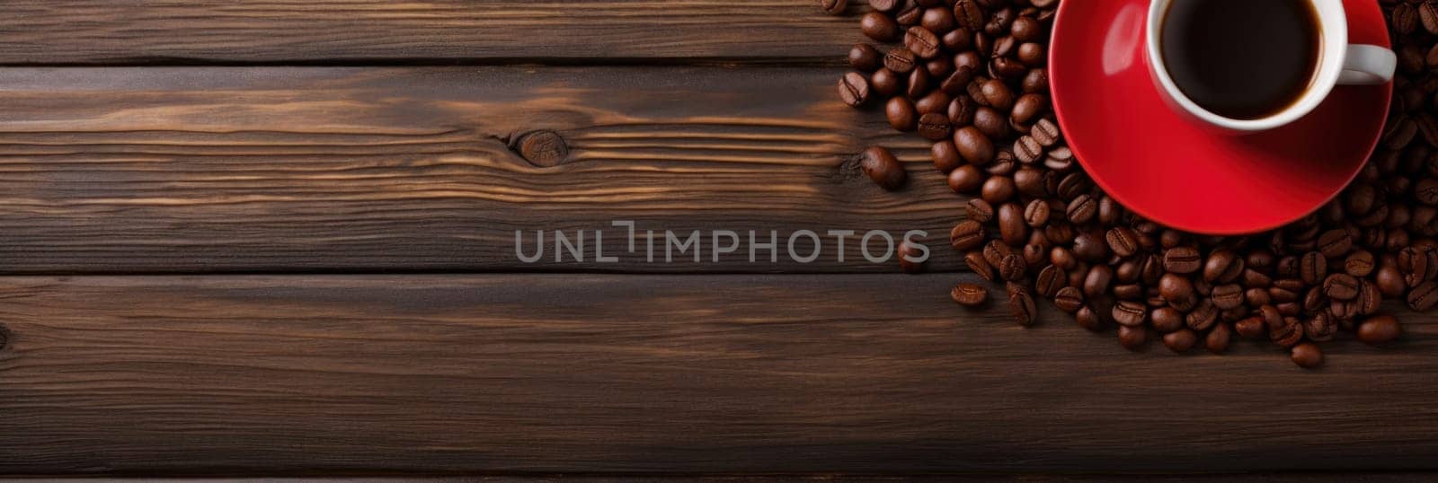 A cup of coffee and a saucer on top of some beans