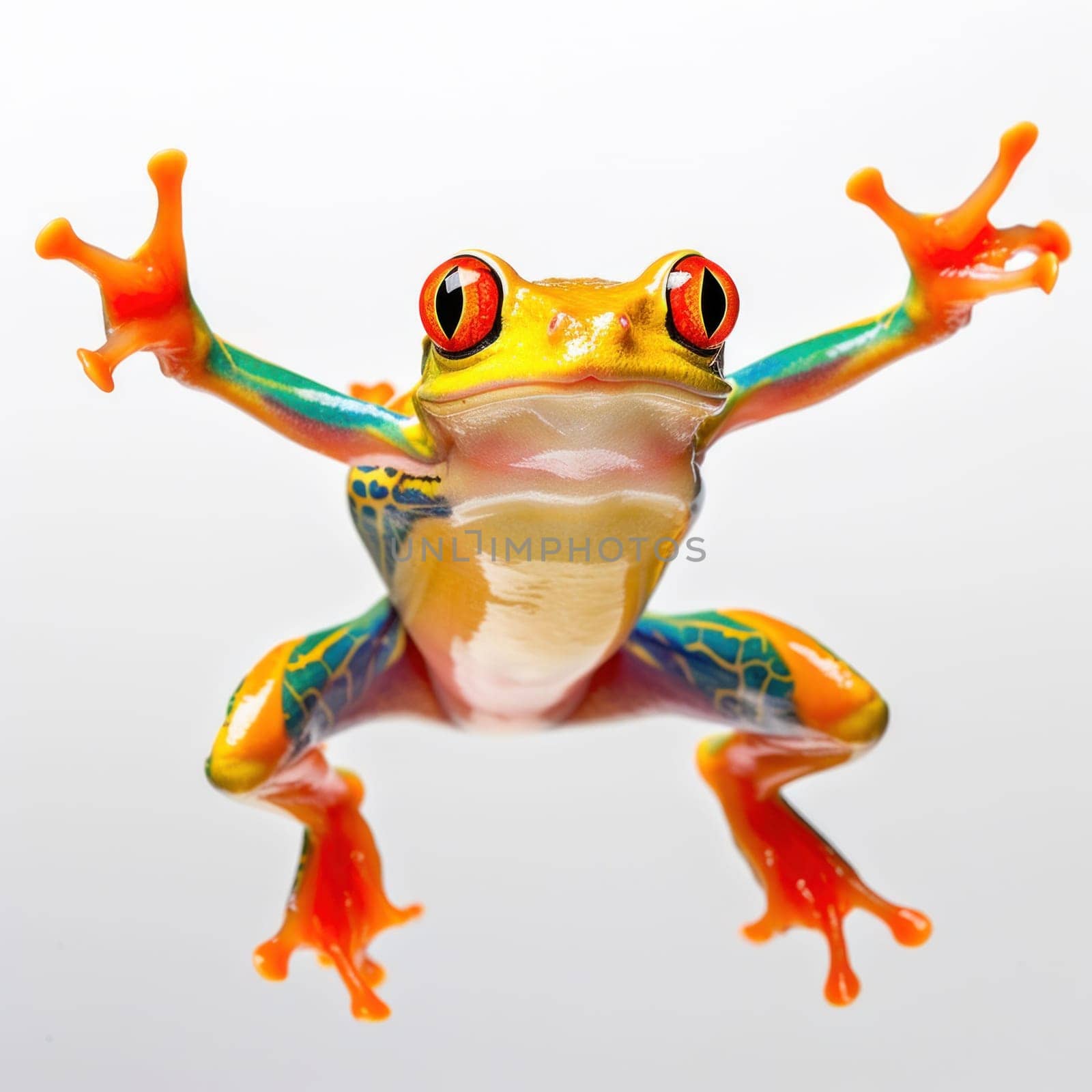 A colorful frog with red eyes and orange legs jumping in the air, AI by starush