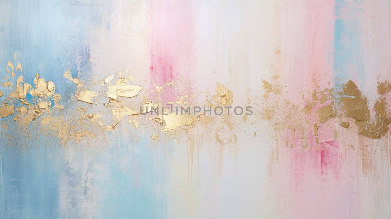 A detailed view of a painting featuring shades of pink, blue, and gold on a white background, showcasing intricate patterns and vibrant tints in watercolor paint