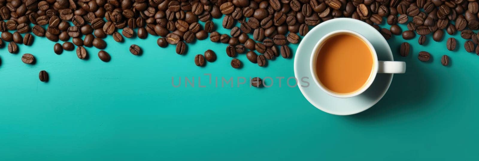 A cup of coffee on a blue background with beans around it