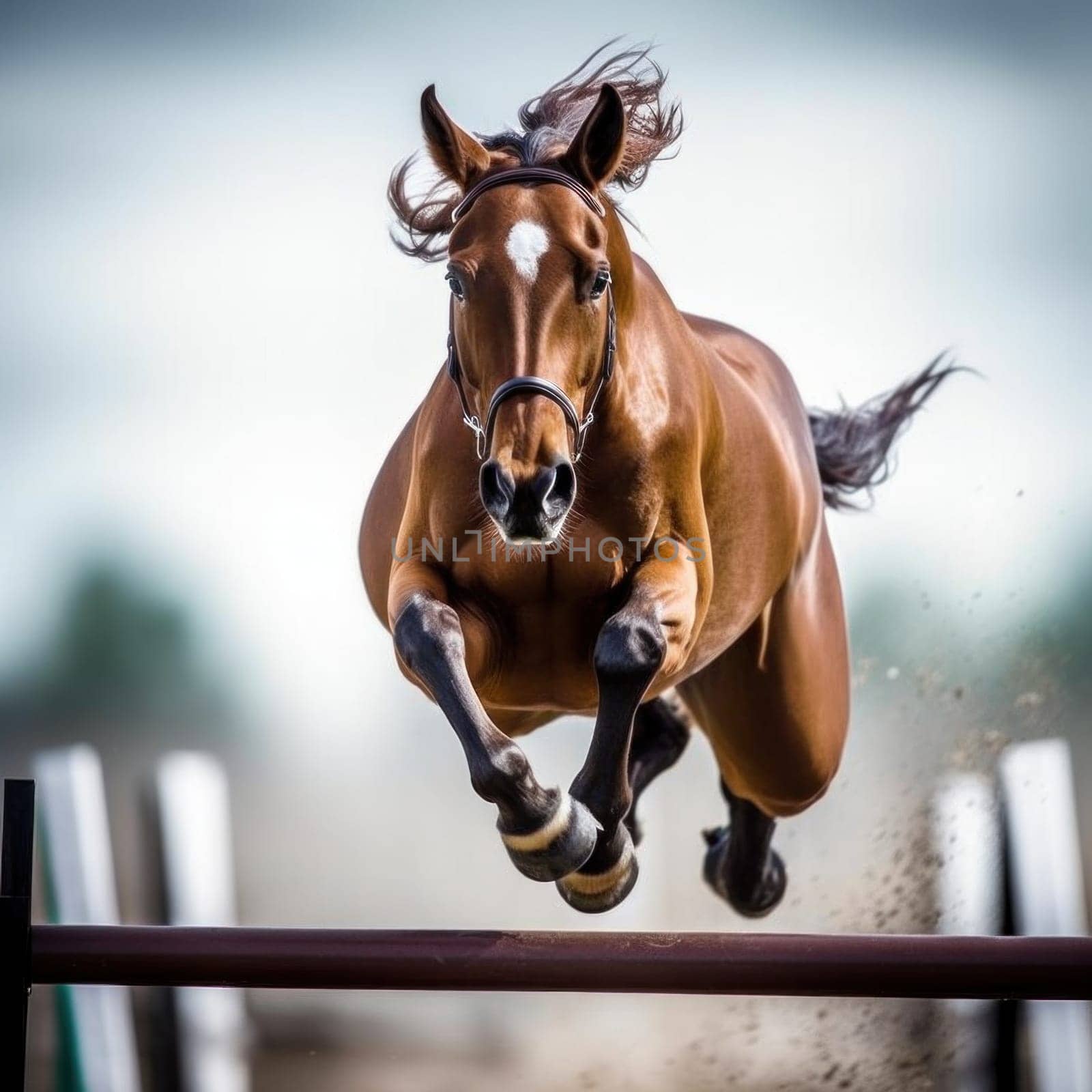 A horse jumping over a wooden fence in the air