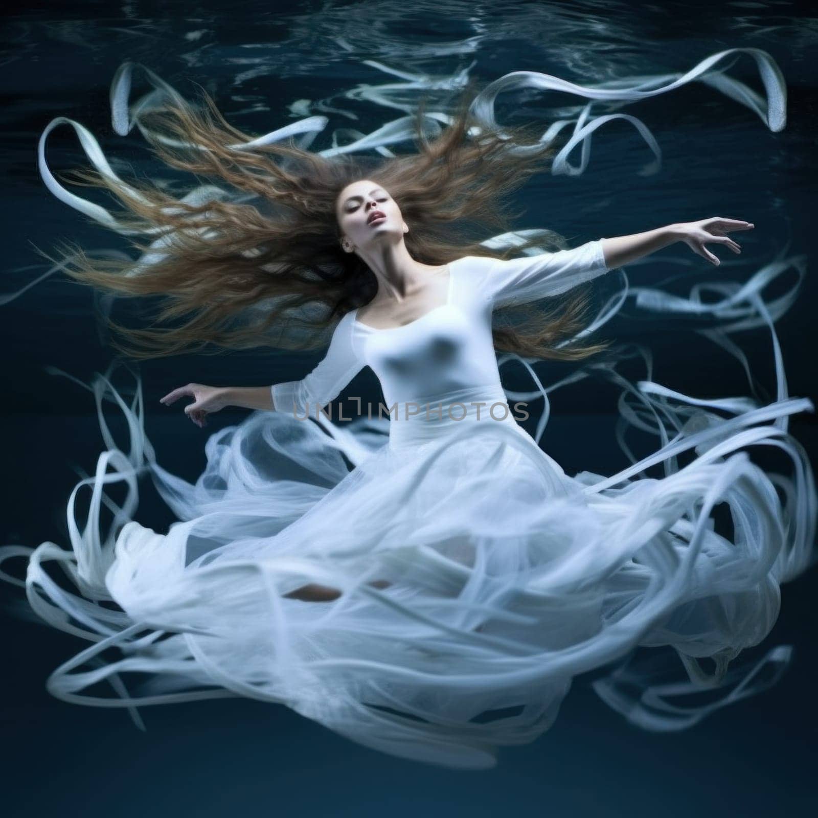A woman in a white dress is underwater with her hair flowing