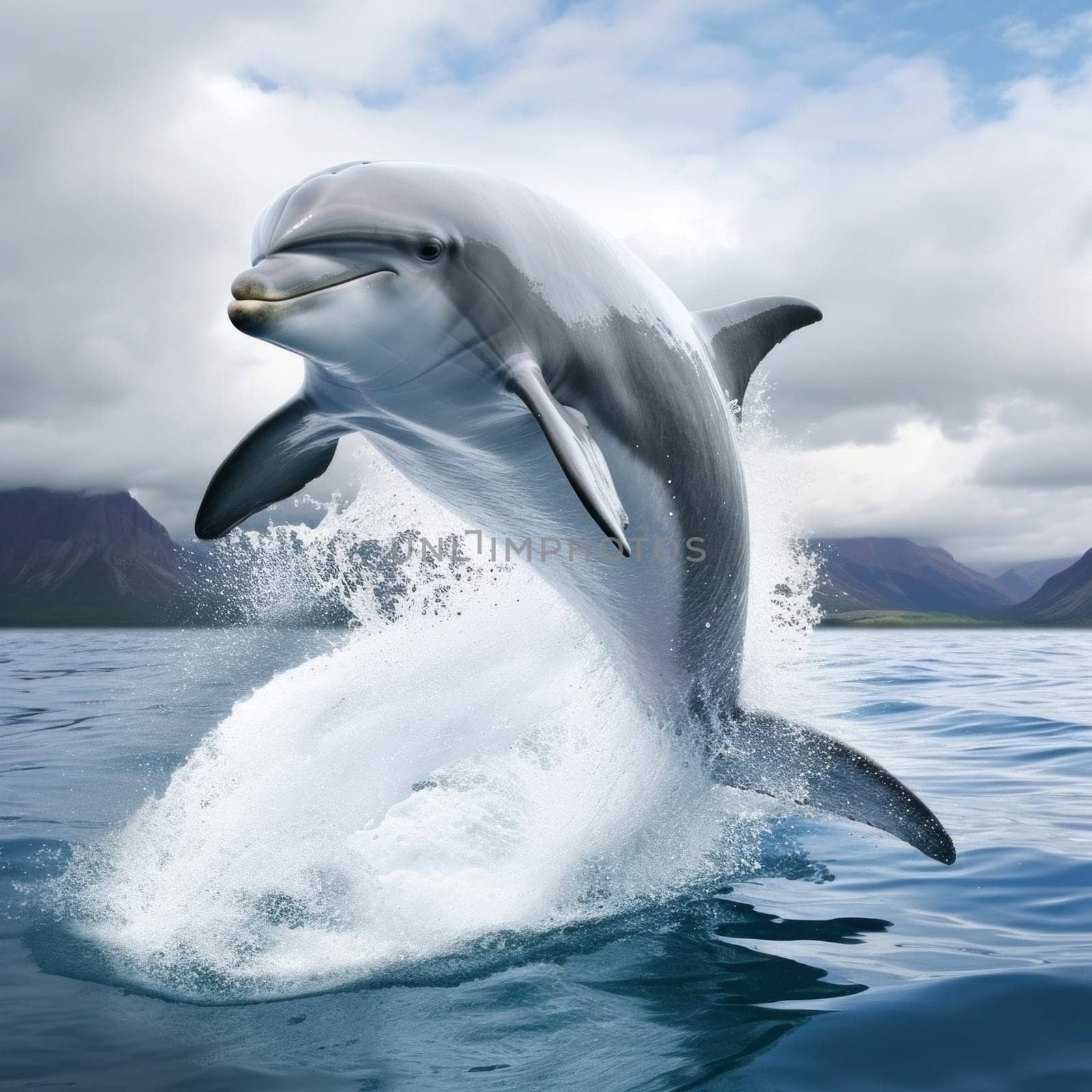 A dolphin jumping out of the water in front of mountains