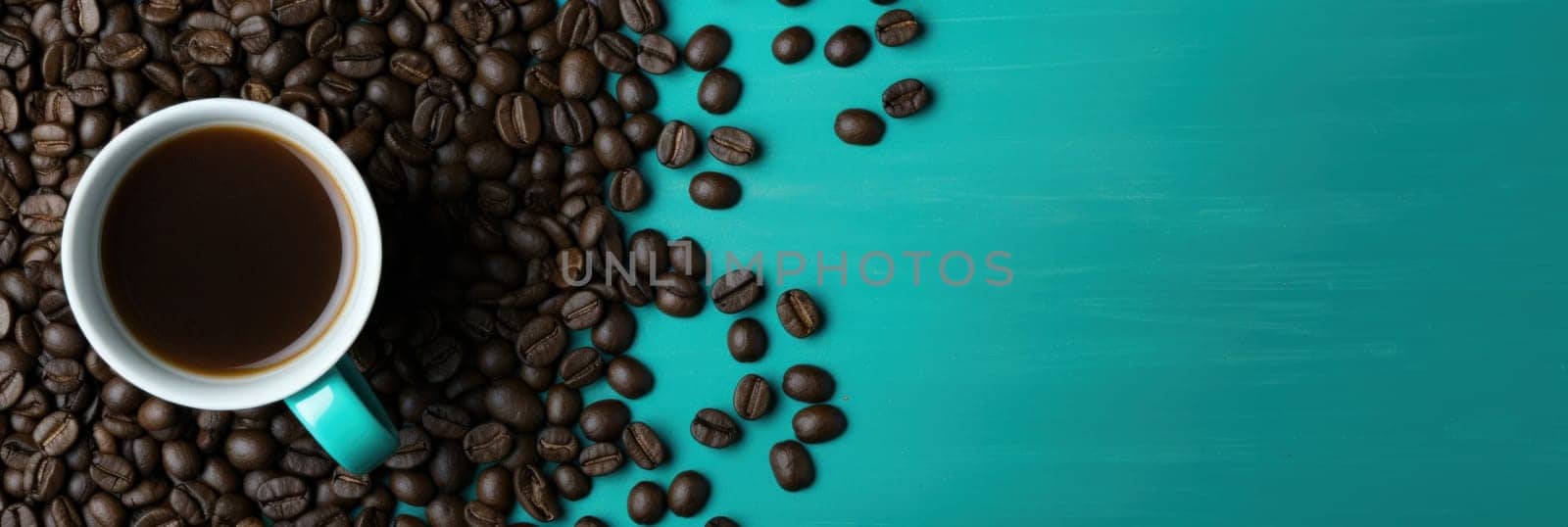 A cup of coffee is surrounded by beans on a turquoise background