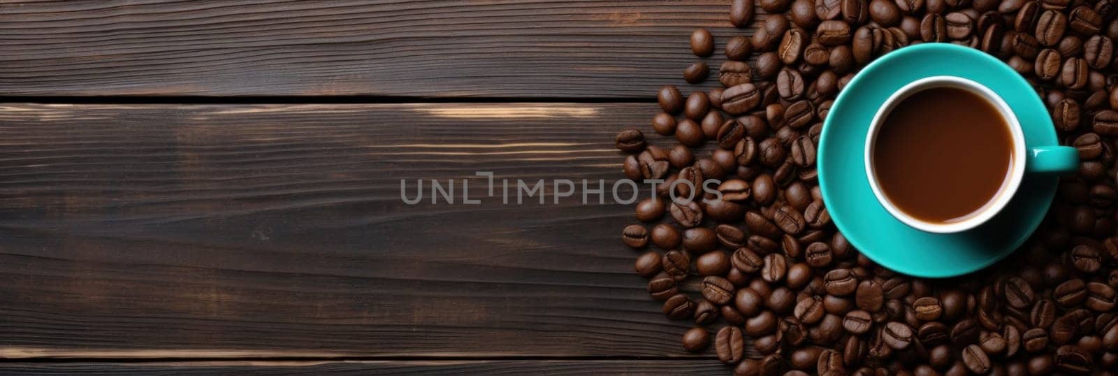 A cup of coffee on a wooden table with roasted beans