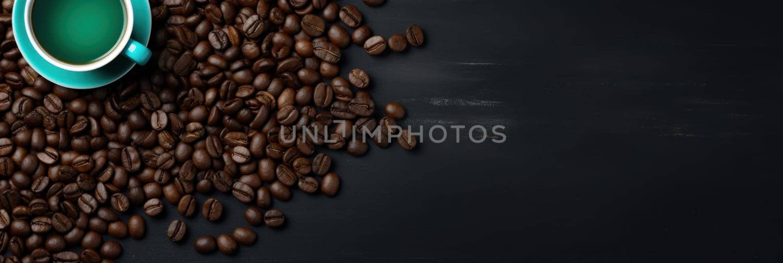 A cup of coffee surrounded by a pile of roasted beans