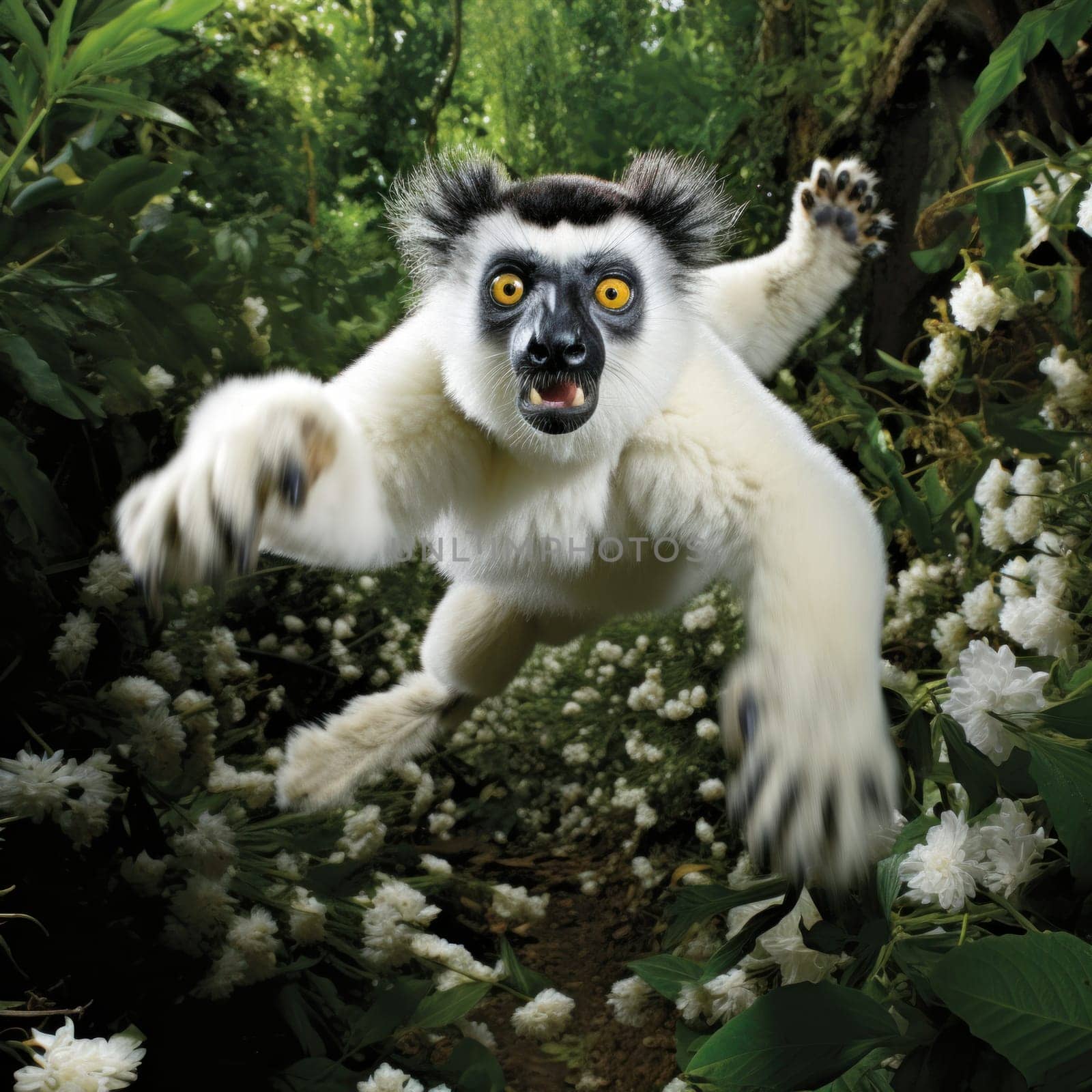 A lemur is running through a forest of flowers and leaves