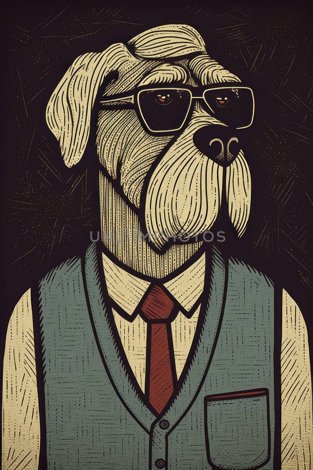 A drawing of a dog wearing glasses and a vest