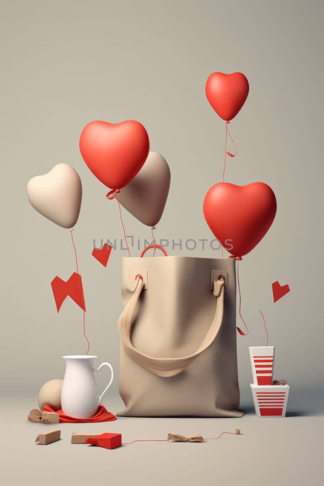 A handbag and a cup of coffee with hearts flying out of it, AI by starush