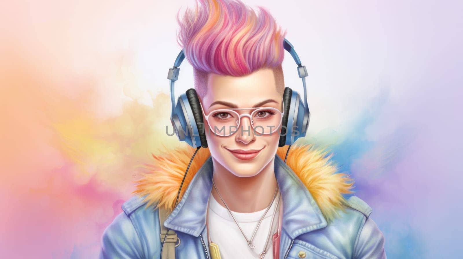 A girl with pink hair wearing headphones