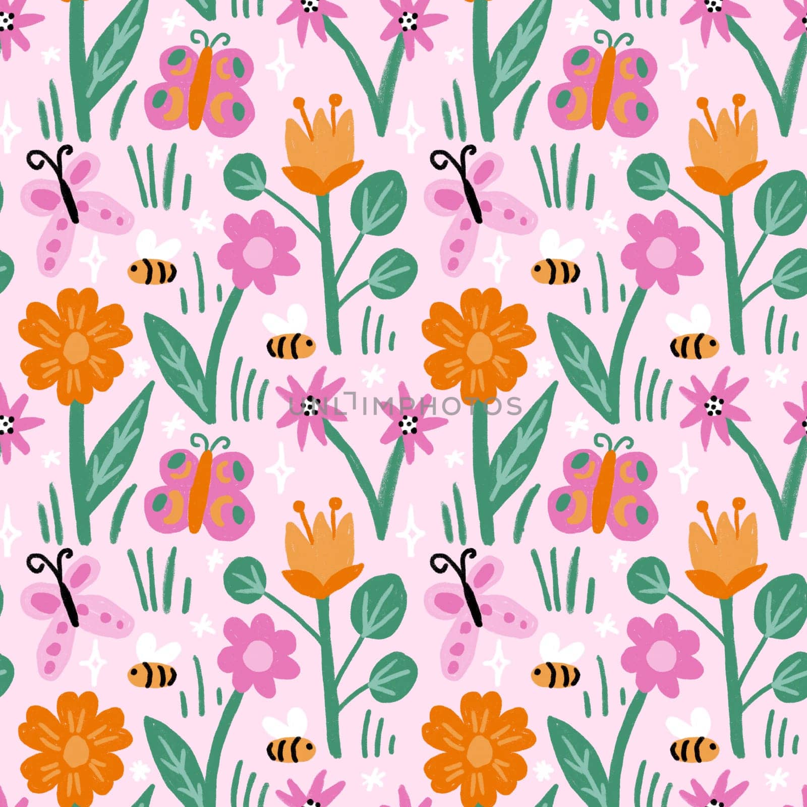 Hand drawn seamless pattern with colorful charcoal flowers bees butterflies. Bright funny print for nursery kids chuildren, blue pink orange colors, simple illustration for fabric wrapping paper. by Lagmar