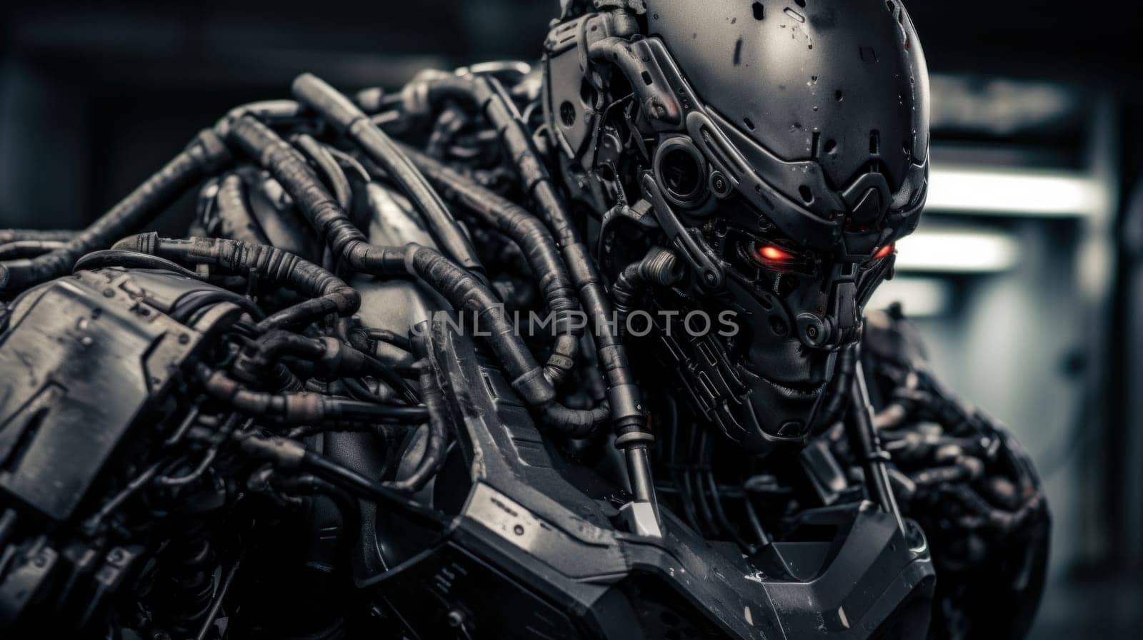 A close up of a robot with red eyes