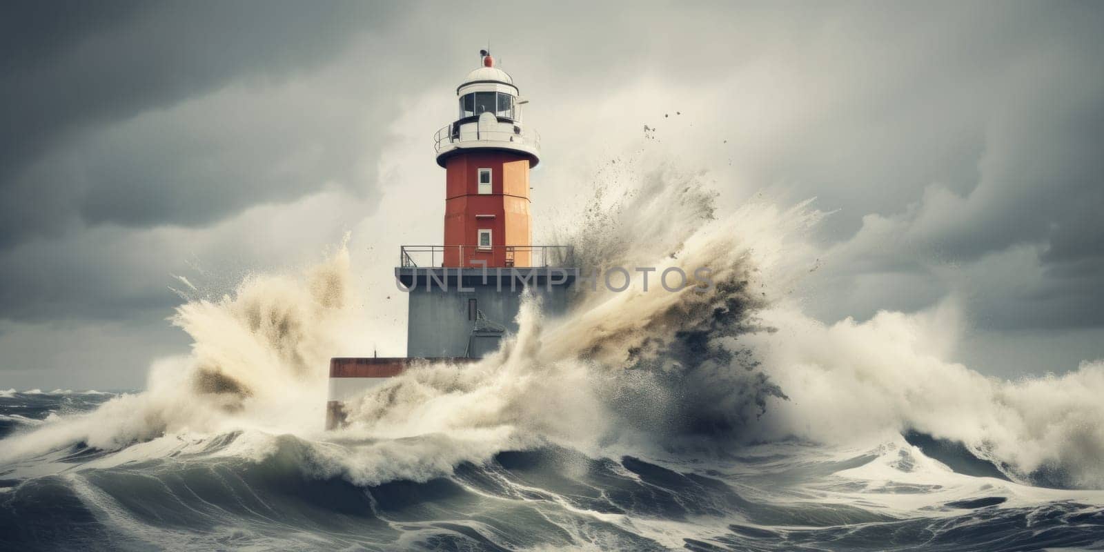 A lighthouse in the middle of a large wave, AI by starush