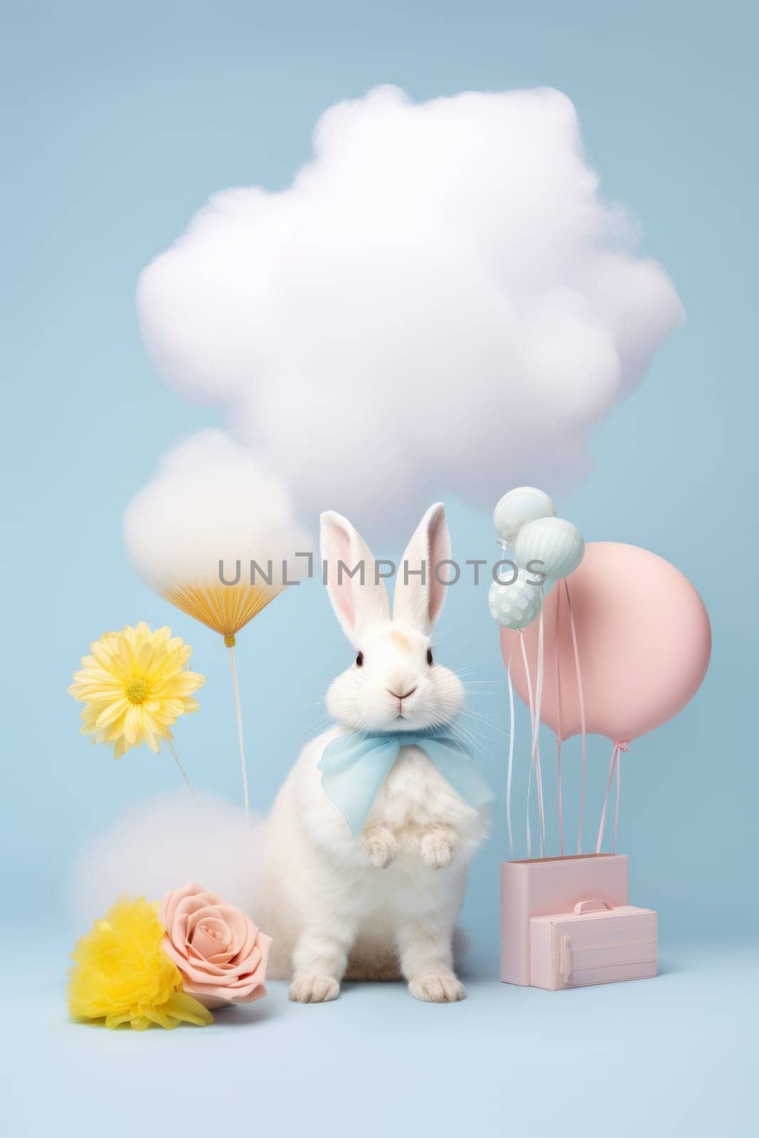 A white rabbit with a blue bow and some balloons