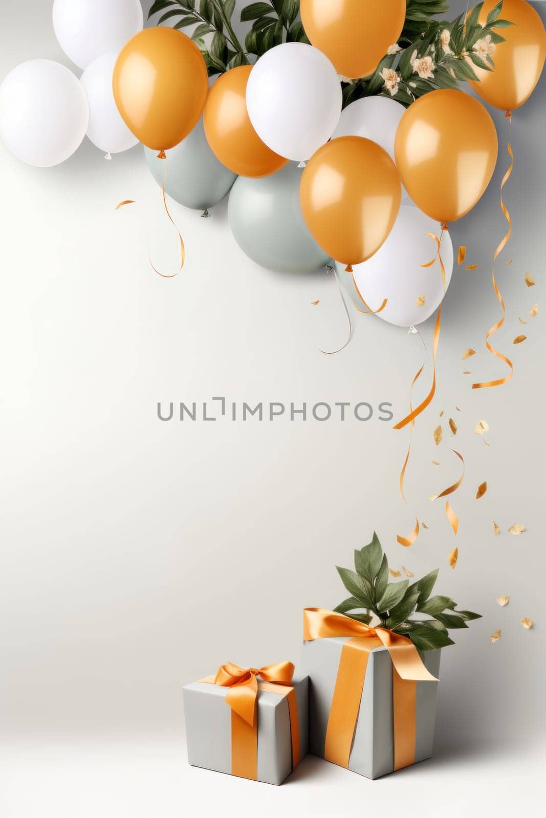 A bunch of white and orange balloons and gift boxes