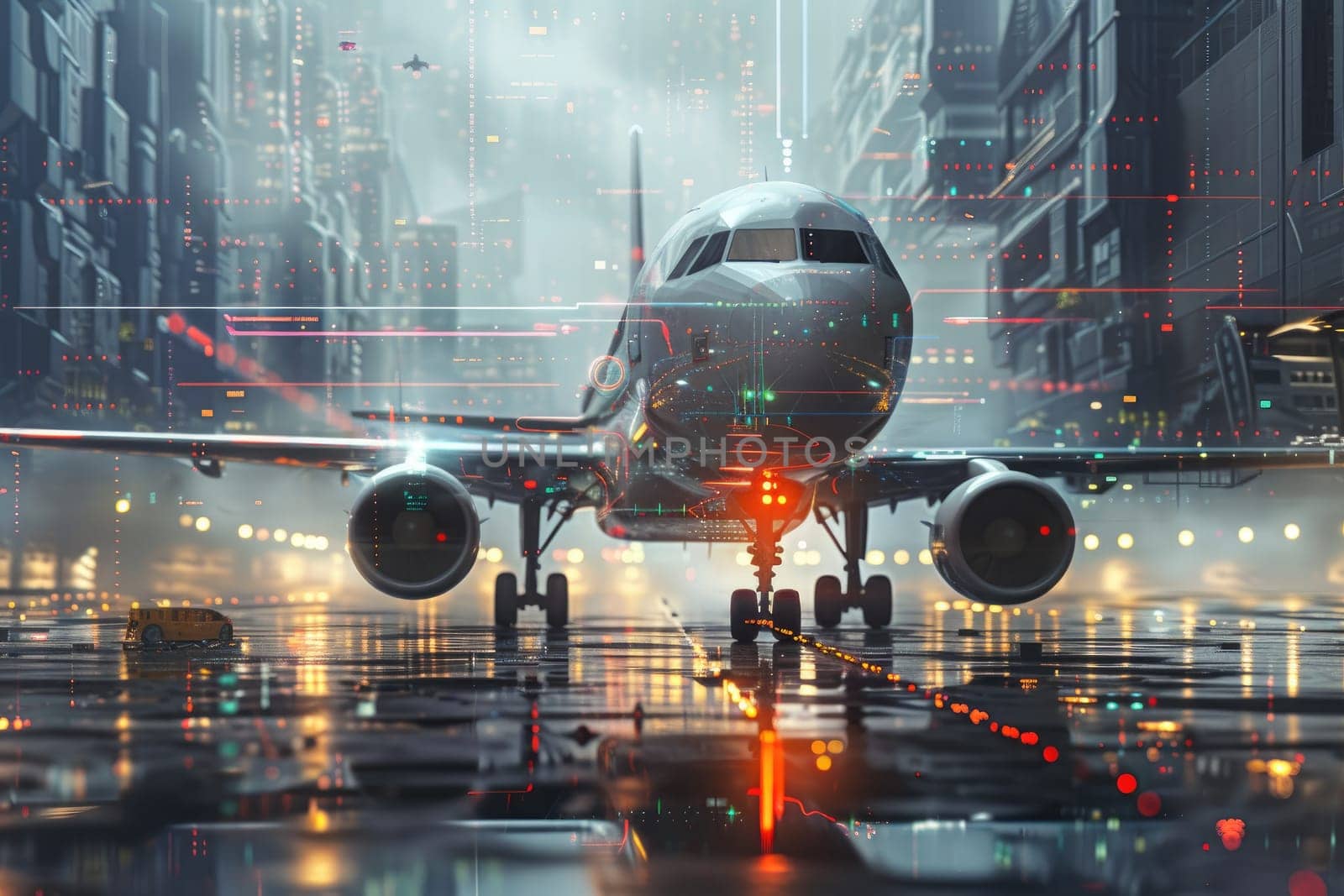 Plane with futuristic technology background. Generative AI by itchaznong
