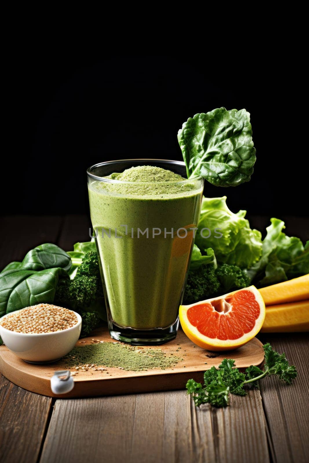 A glass of green smoothie next to some fruits and vegetables