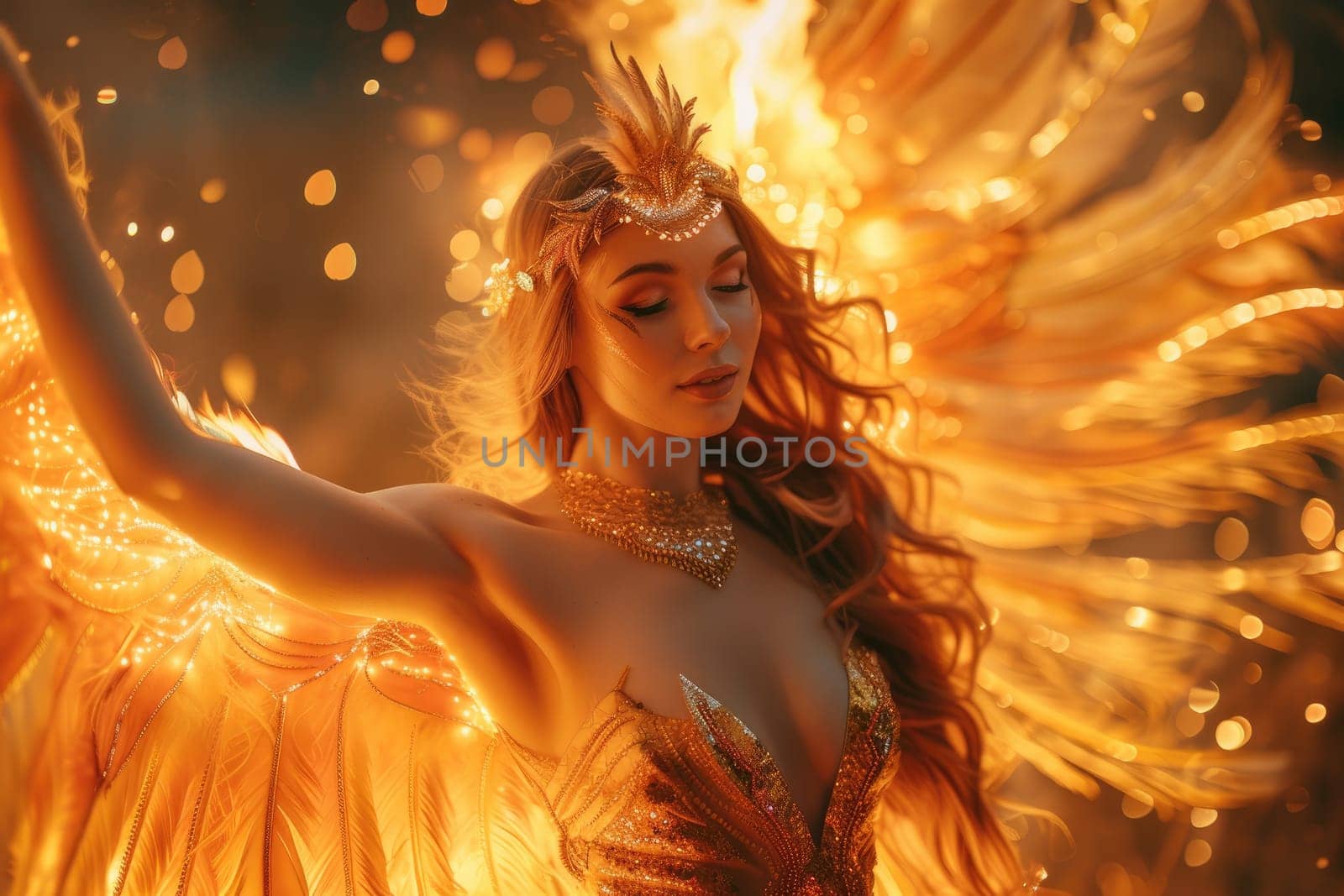 Woman with phoenix cosplay dance on fire. Generative AI.