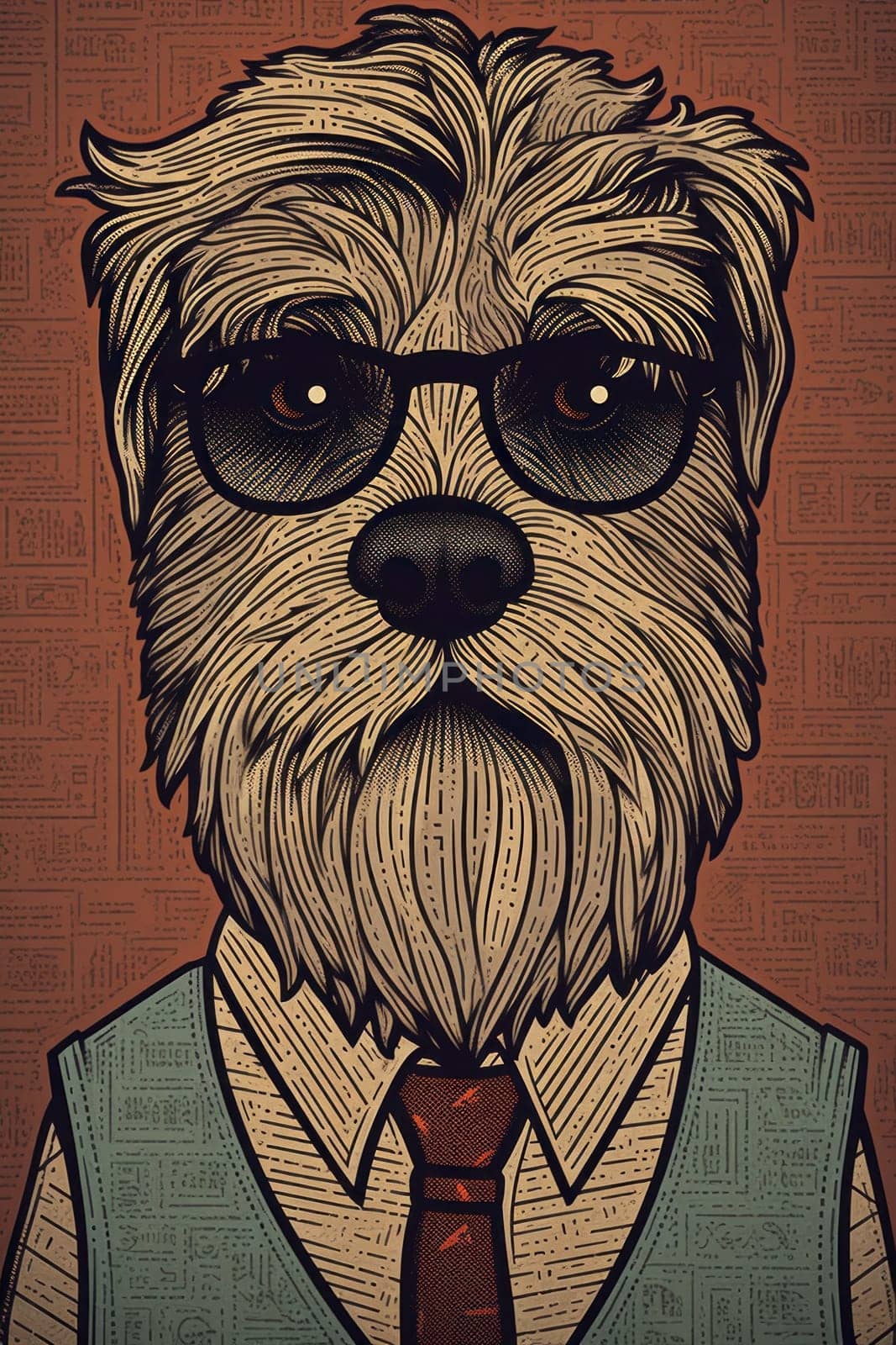 A drawing of a dog wearing a vest and tie