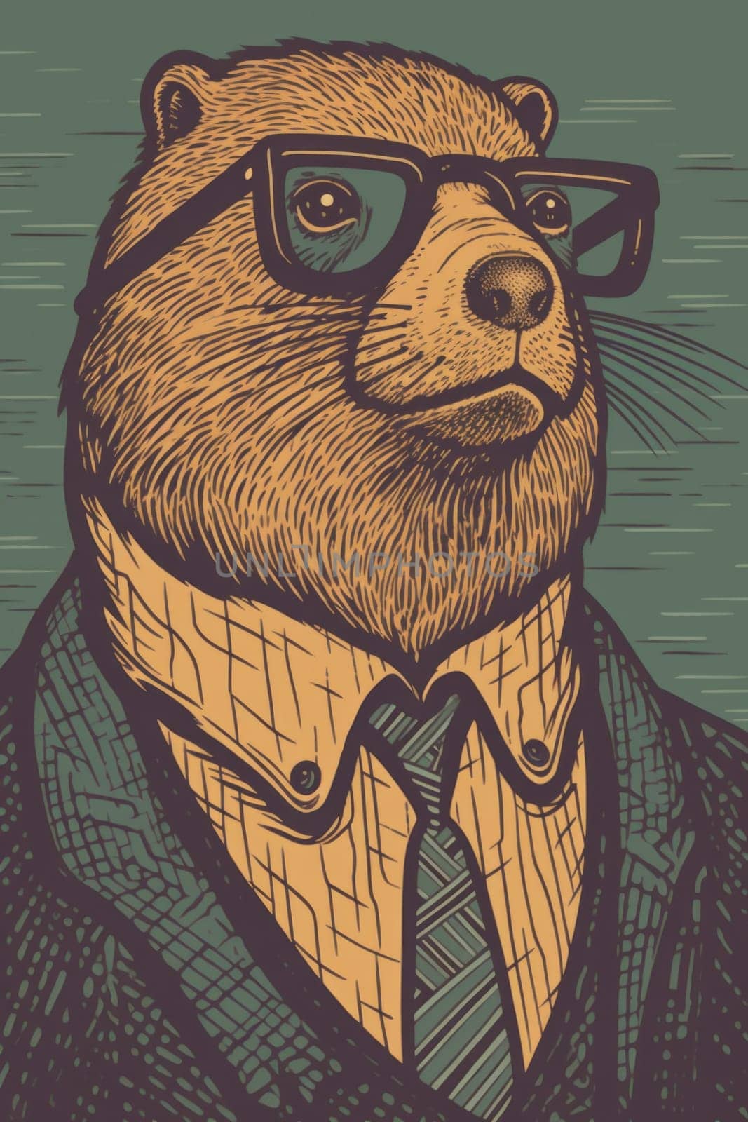 A drawing of a bear wearing glasses and a tie