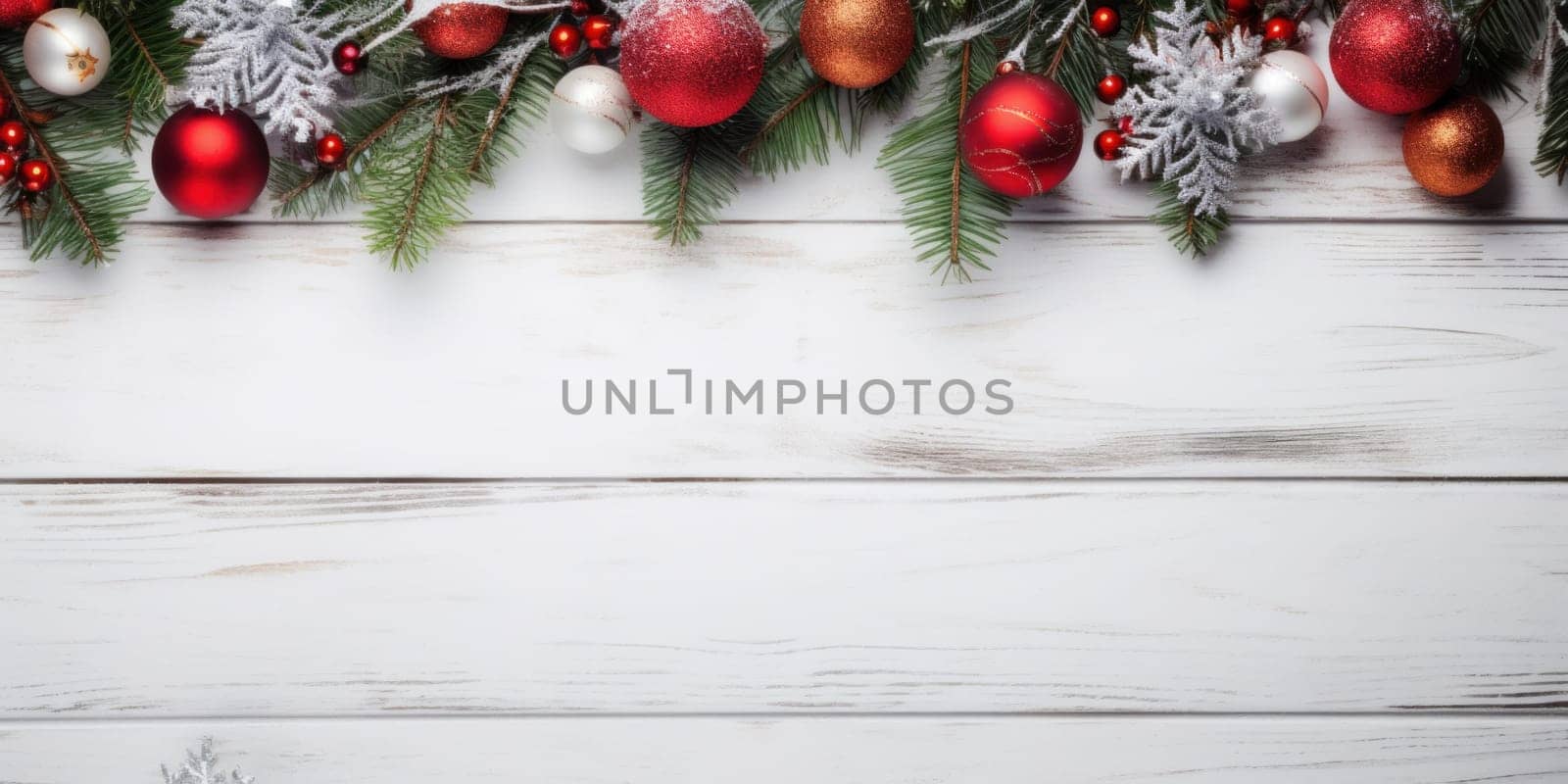 A white wooden table topped with christmas decorations, AI by starush