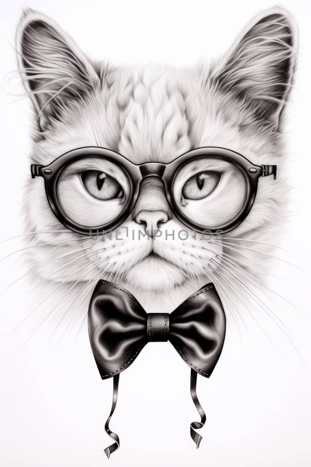 A drawing of a cat wearing glasses and a bow tie, AI by starush