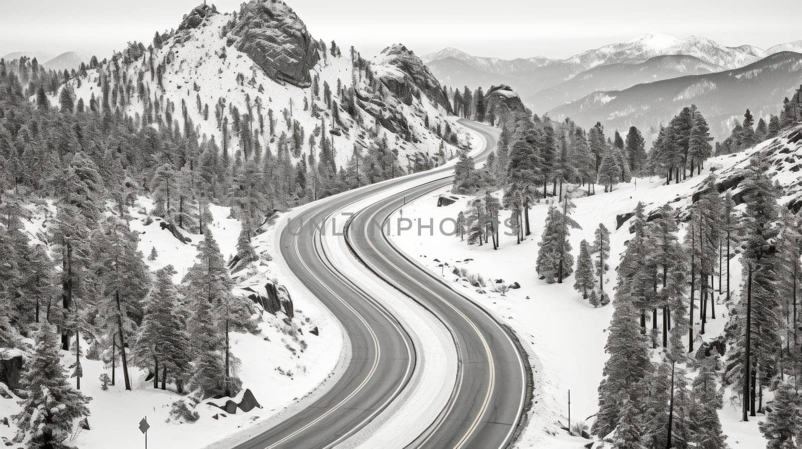 A black and white photo of a snow covered road