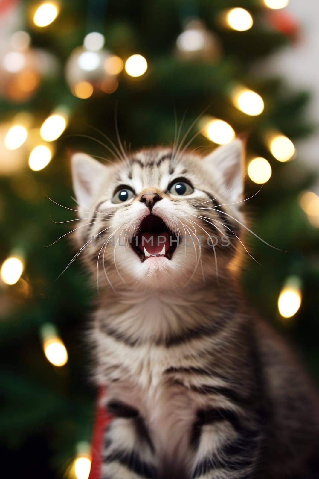 An astonished kitten sitting in front of a christmas tree, AI by starush