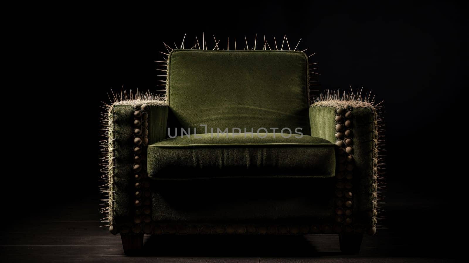 A green velvet chair with spikes on the arms