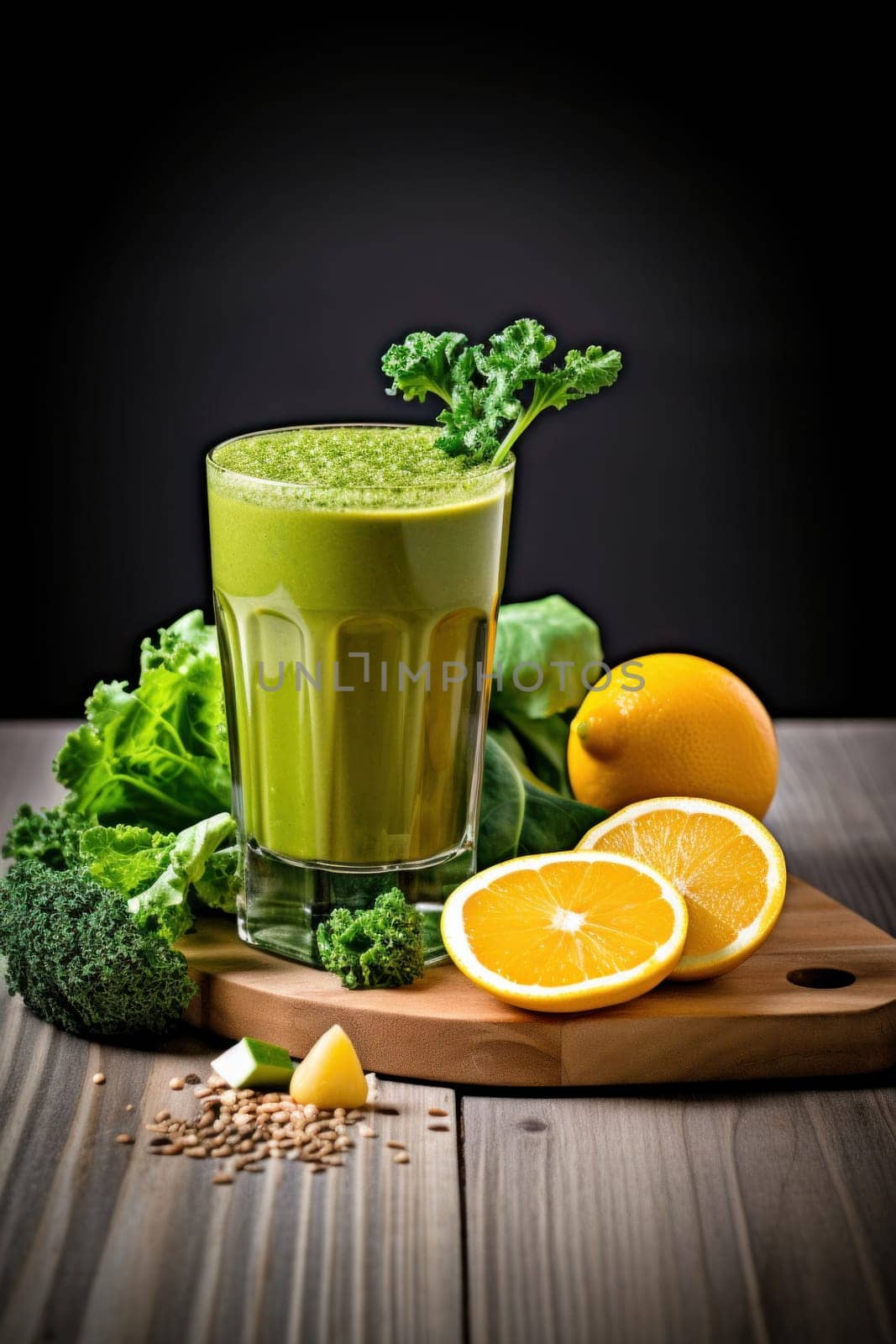 A green smoothie with oranges and broccoli on a cutting board, AI by starush