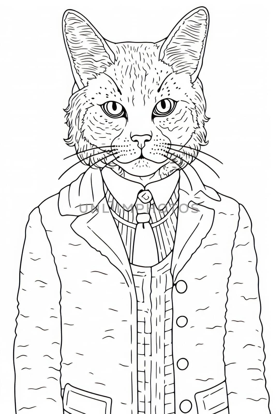 A drawing of a cat wearing a suit and tie