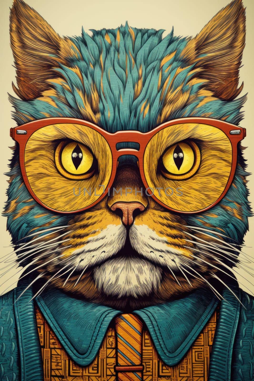 A cat wearing glasses and a tie, AI by starush