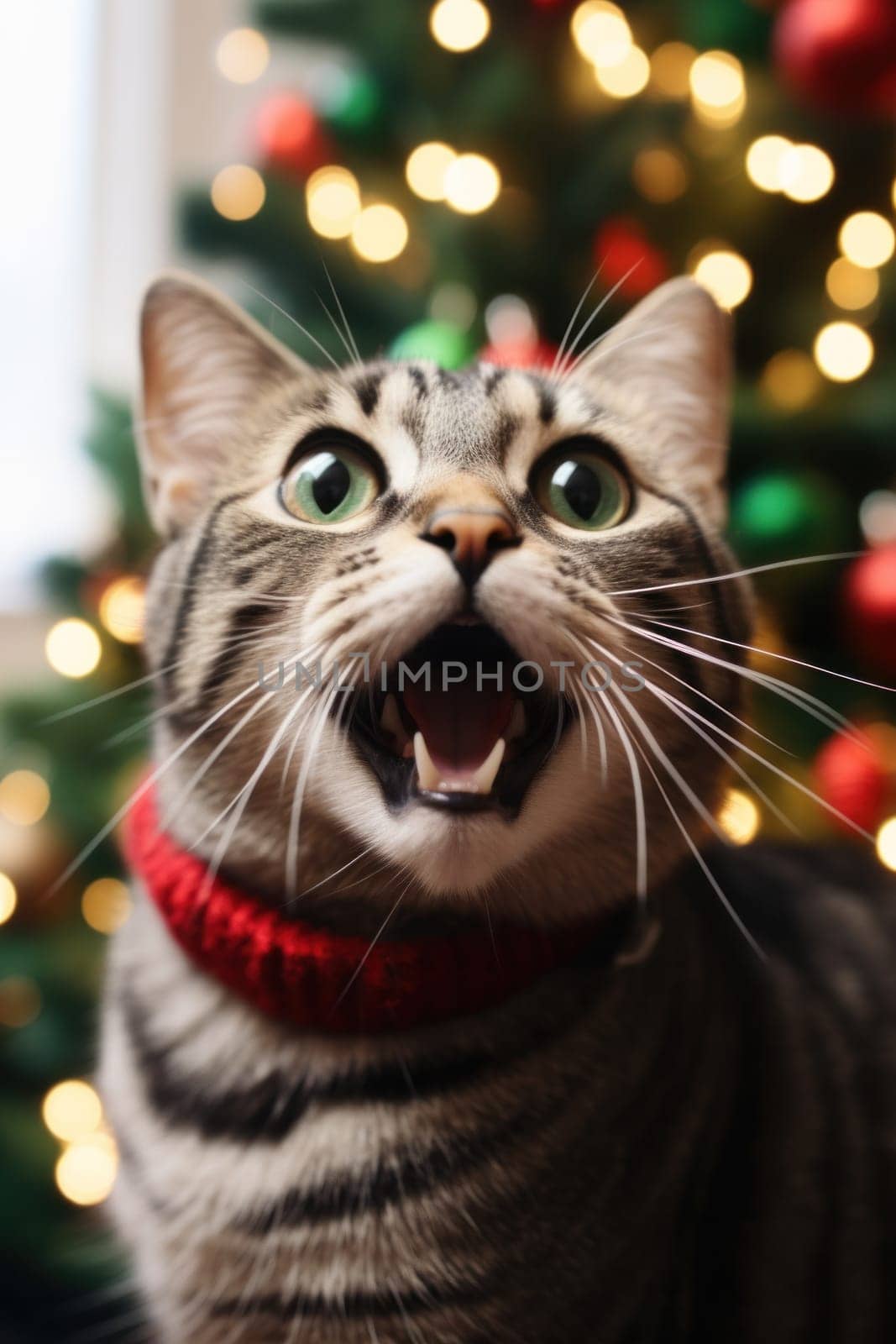 A close up of an excited cat near a christmas tree, AI by starush