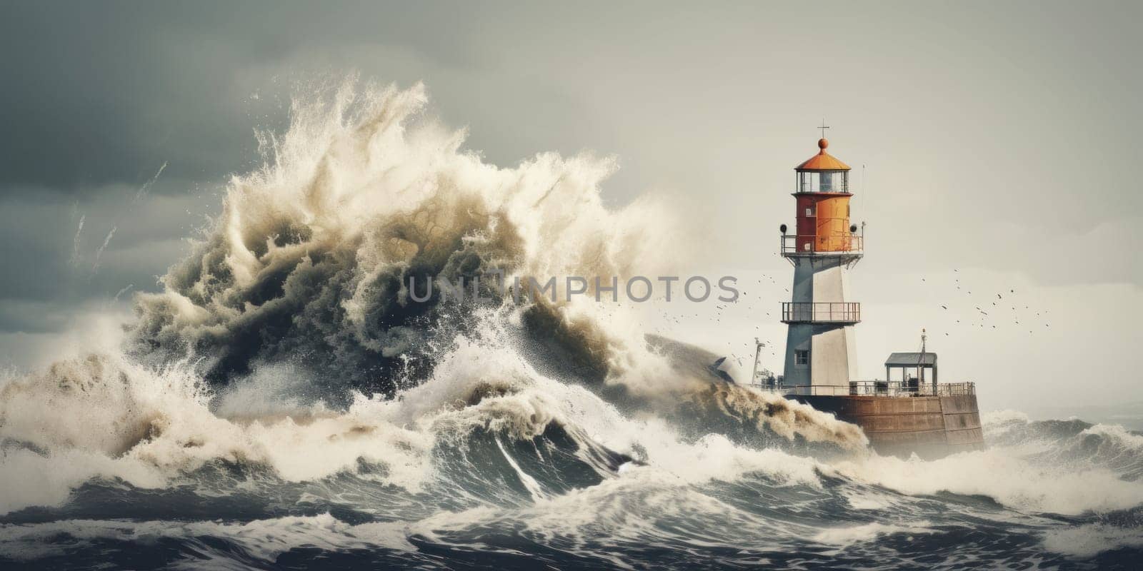 A lighthouse in the middle of a huge wave