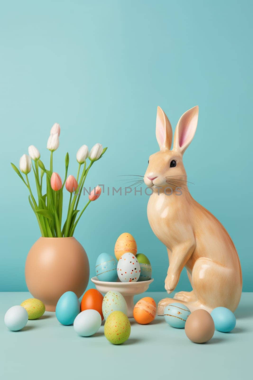 A bunny figurine sitting next to a vase filled with easter eggs
