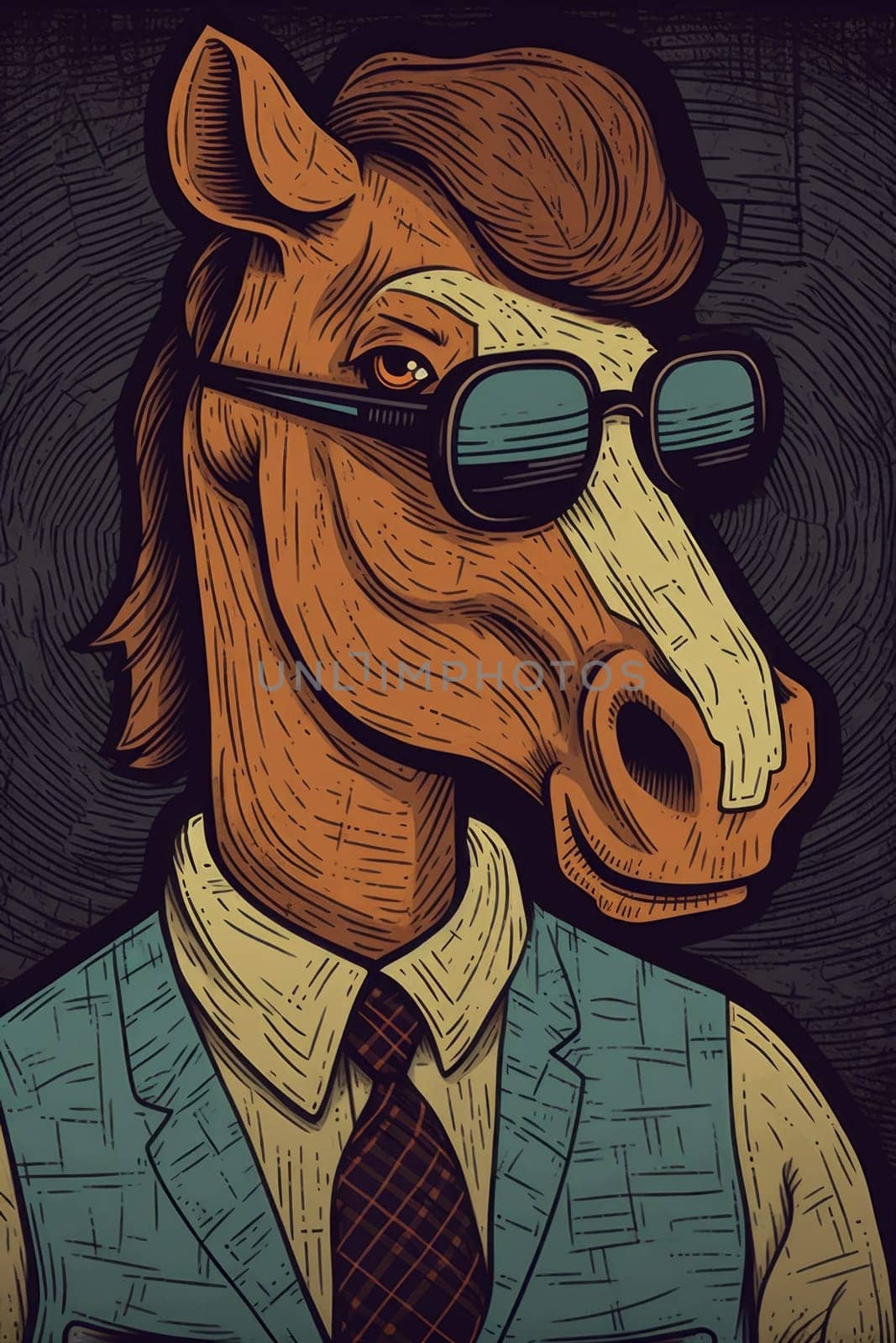 A horse wearing glasses and a vest