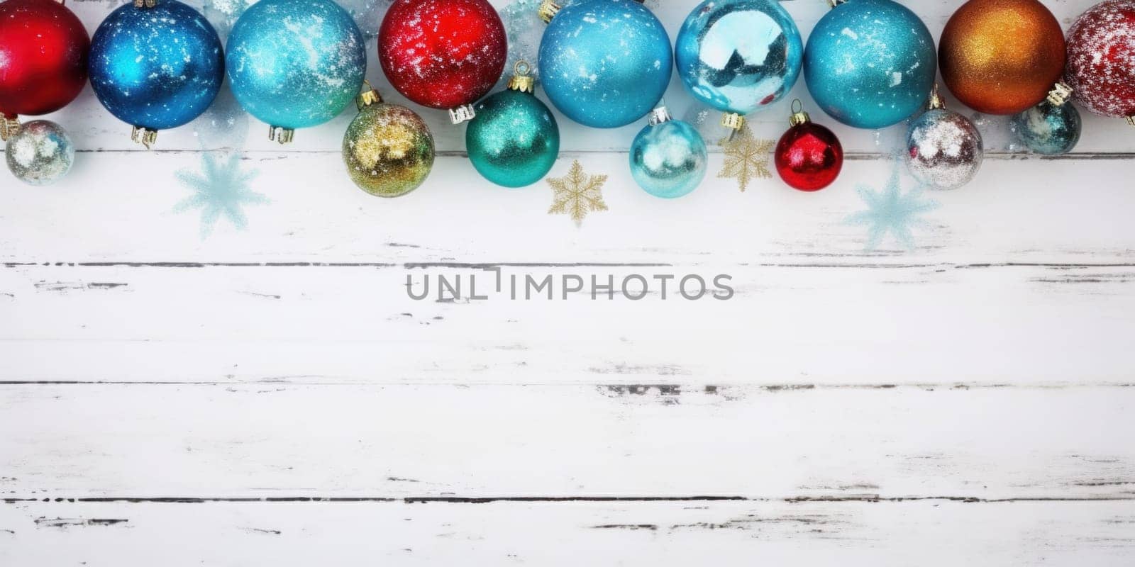 A row of christmas ornaments on a white wooden background, AI by starush