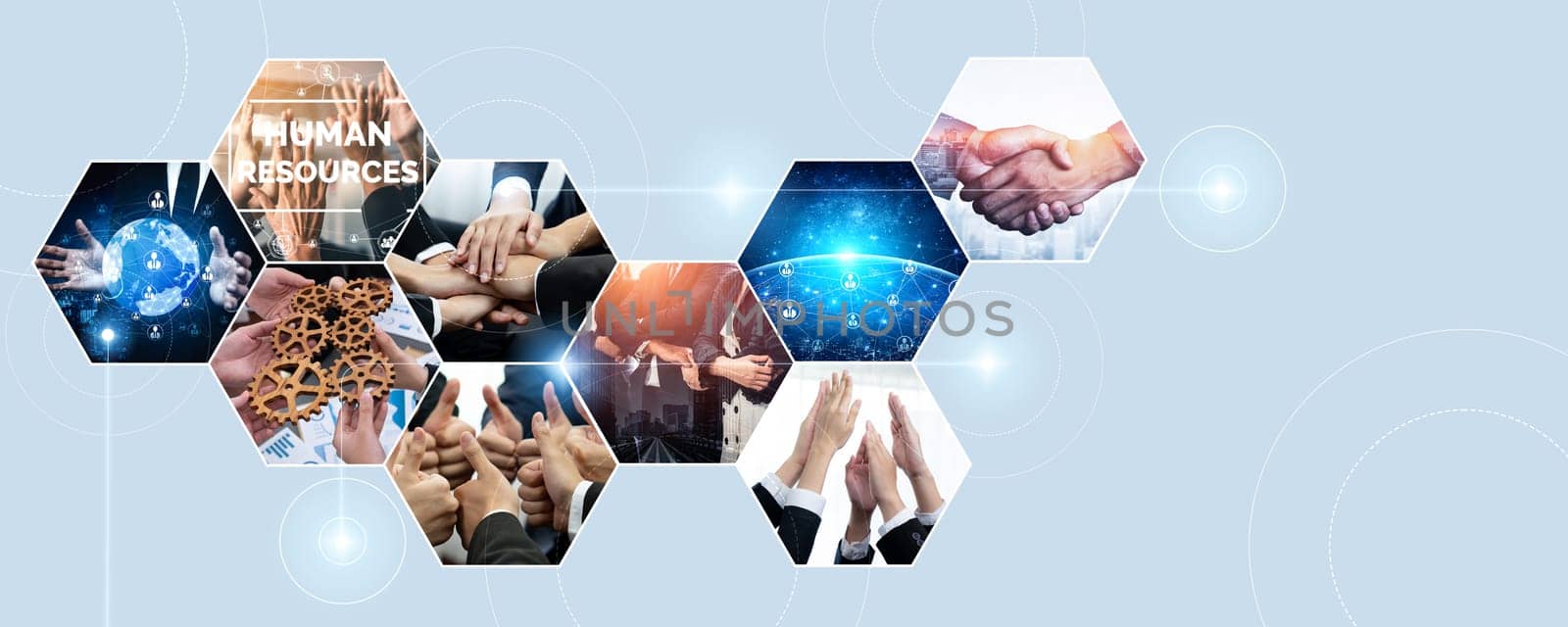 Teamwork and human resources HR management technology concept in corporate business with people group networking to support partnership, trust, teamwork and unity of coworkers in office kudos