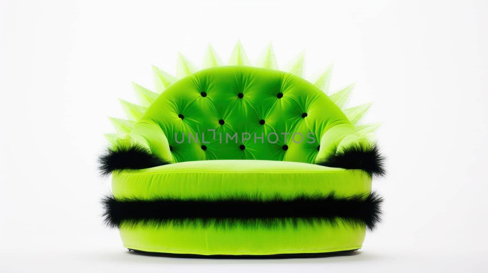 A green chair with black and white fur on it