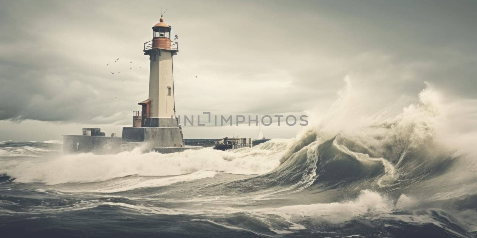 A lighthouse in the middle of a rough ocean