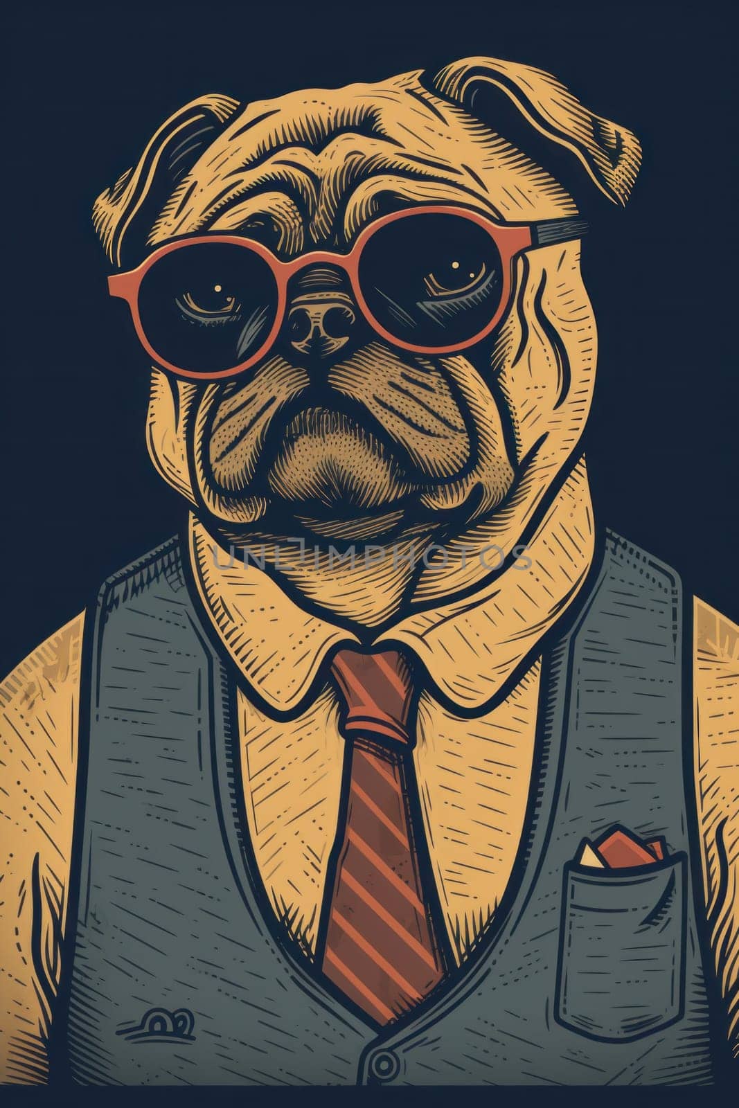 A pug wearing glasses and a tie, AI by starush