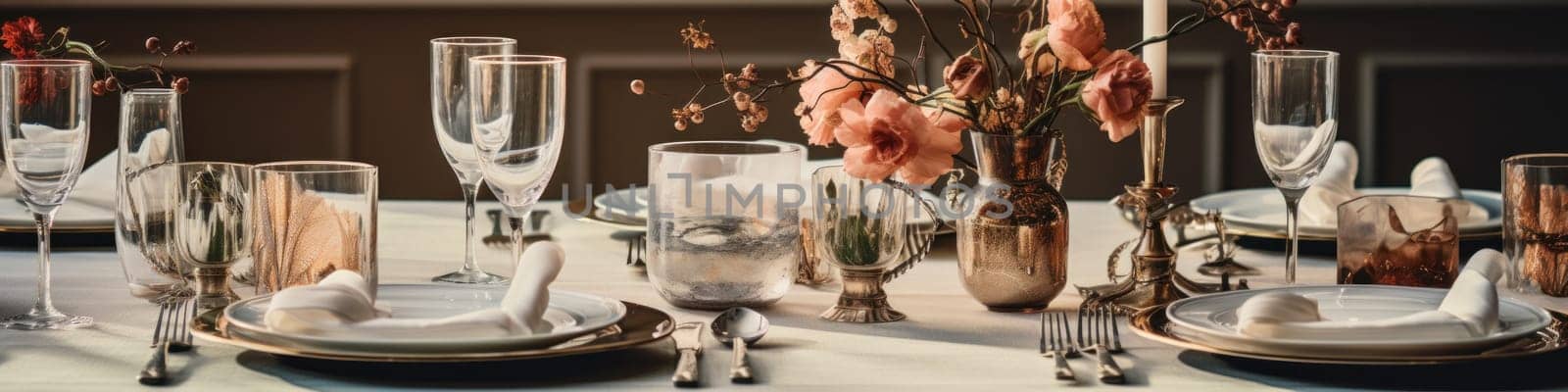 A table set for a formal dinner with silverware and flowers, AI by starush