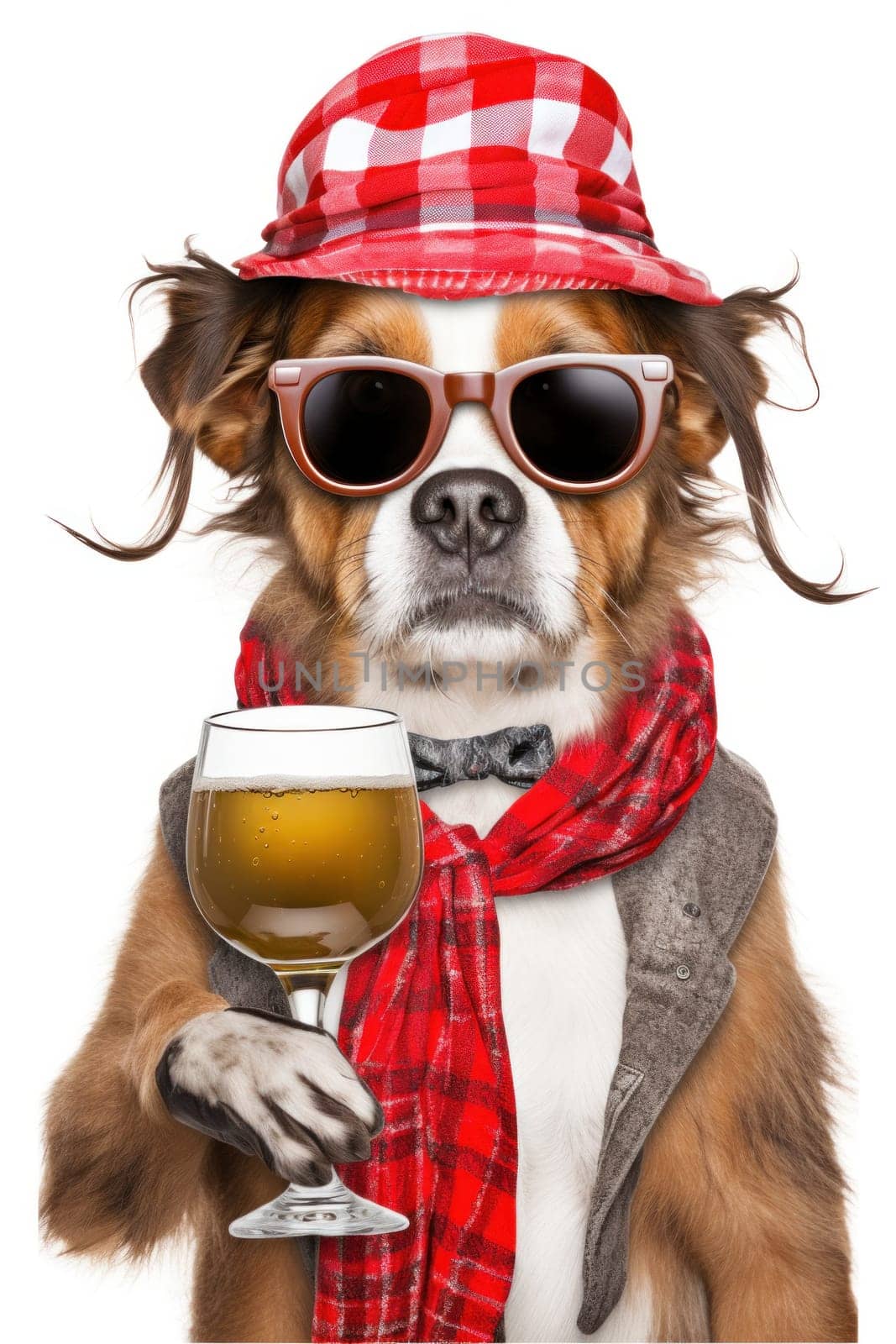 A dog wearing a red hat and scarf holding a glass of beer, AI by starush