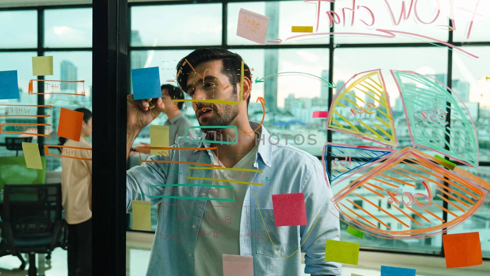 Professional businessman uses sticky notes at glass wall with graph to brainstorming idea while multicultural businesspeople discussing about marketing ideas at office with city view. Tracery