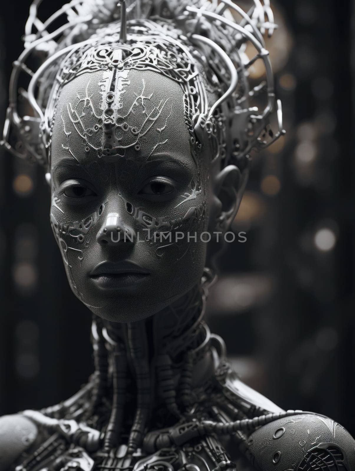 A black and white photo of a woman with a crown on her head, AI by starush