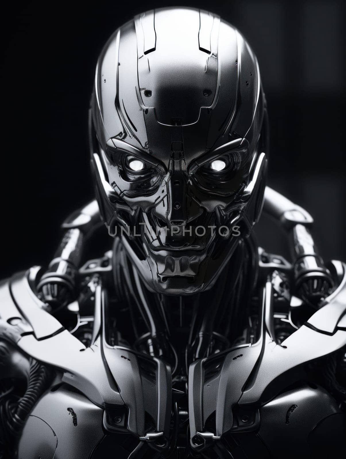 A black and white photo of a robot, AI by starush