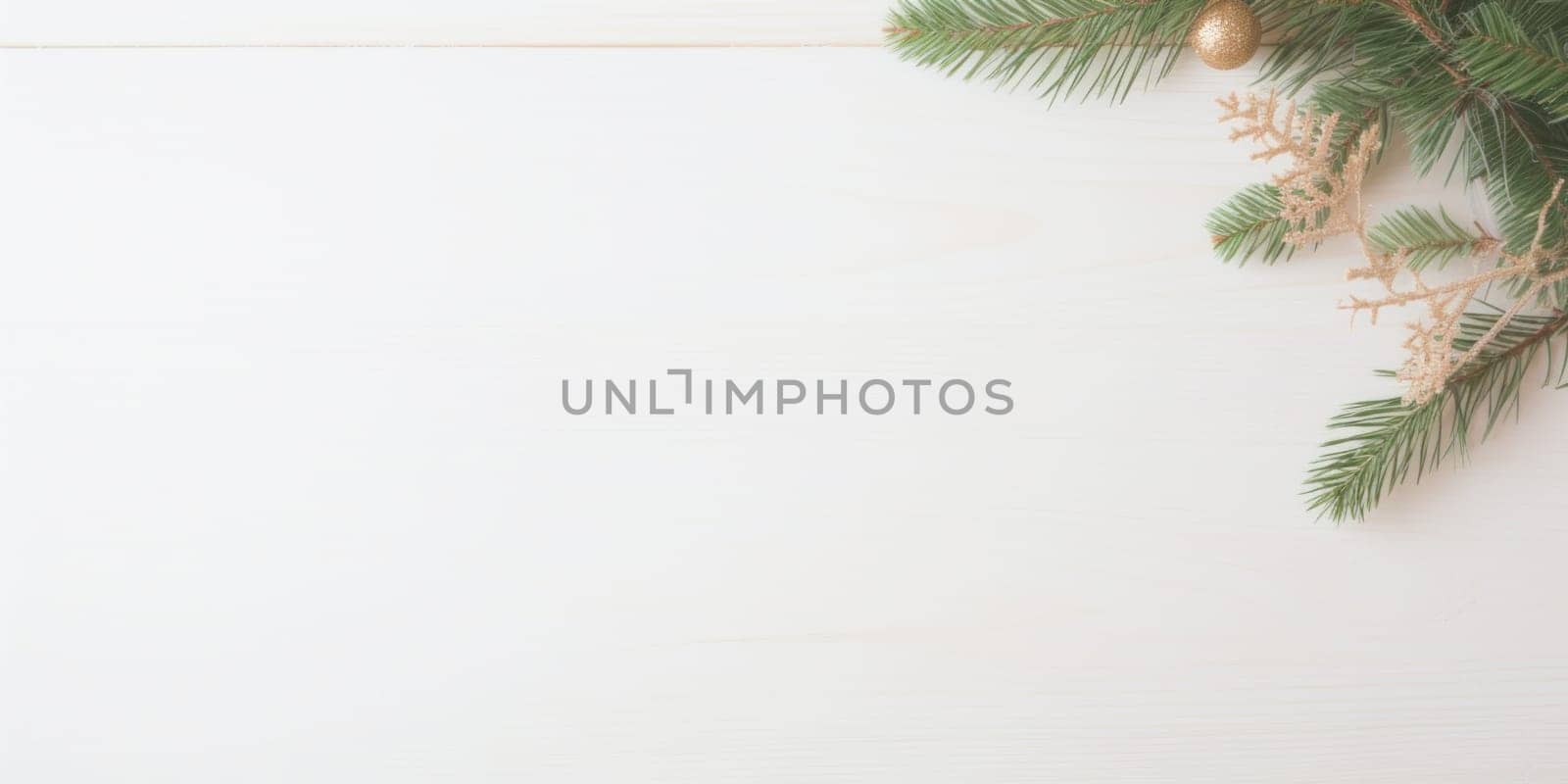 A christmas tree branch with gold ornaments on a white wooden background, AI by starush